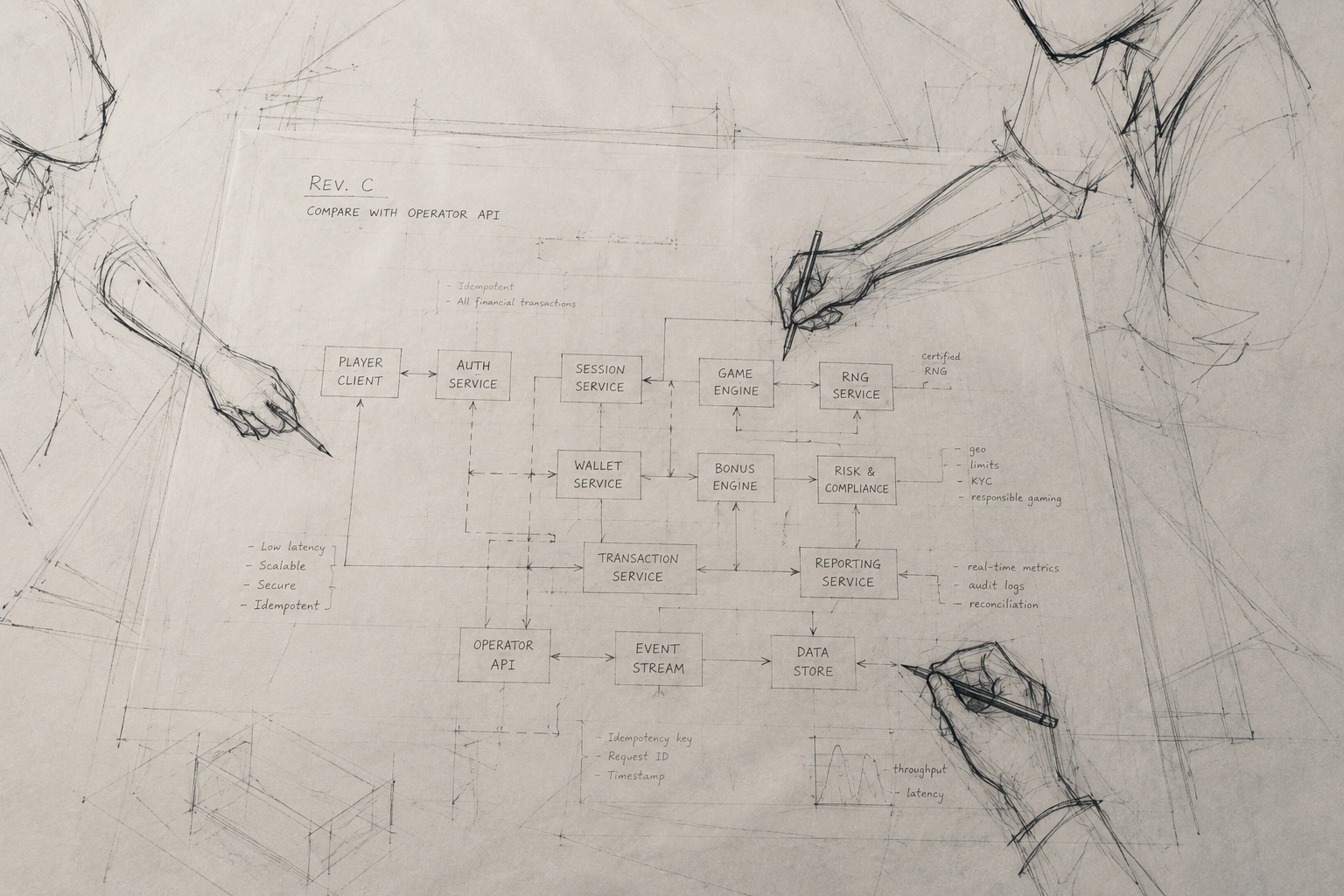 Engineering team working at desks with RGS architecture sketched on whiteboards