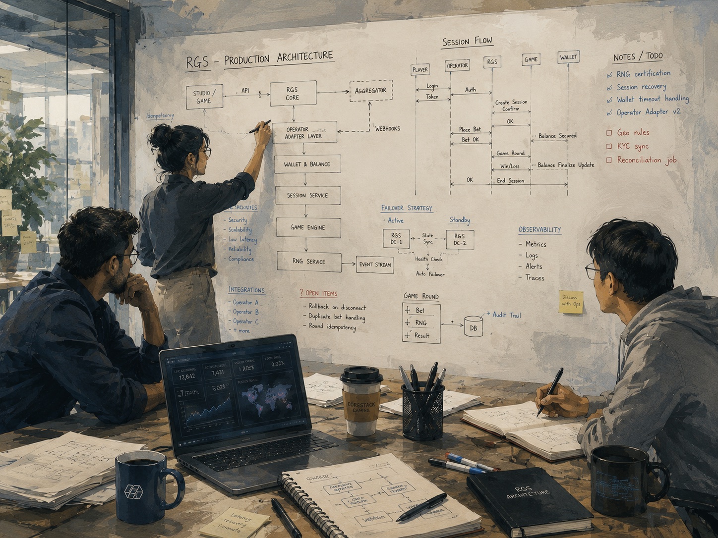 Engineers reviewing RGS production architecture on a whiteboard