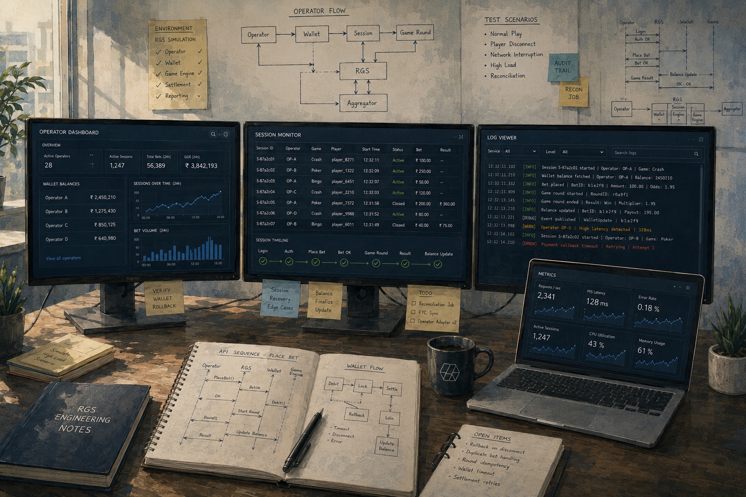 Engineering workstation with operator dashboard, session monitor, and log viewer across three screens
