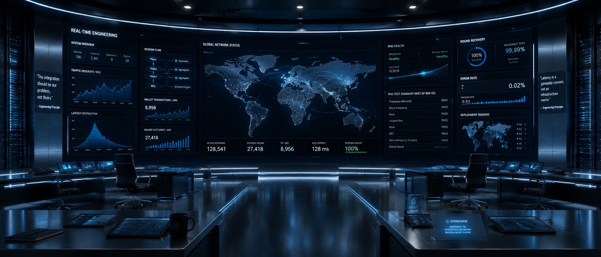 Real-time operations centre with global network status, 128,541 active sessions, and 128ms average latency across a curved monitor wall