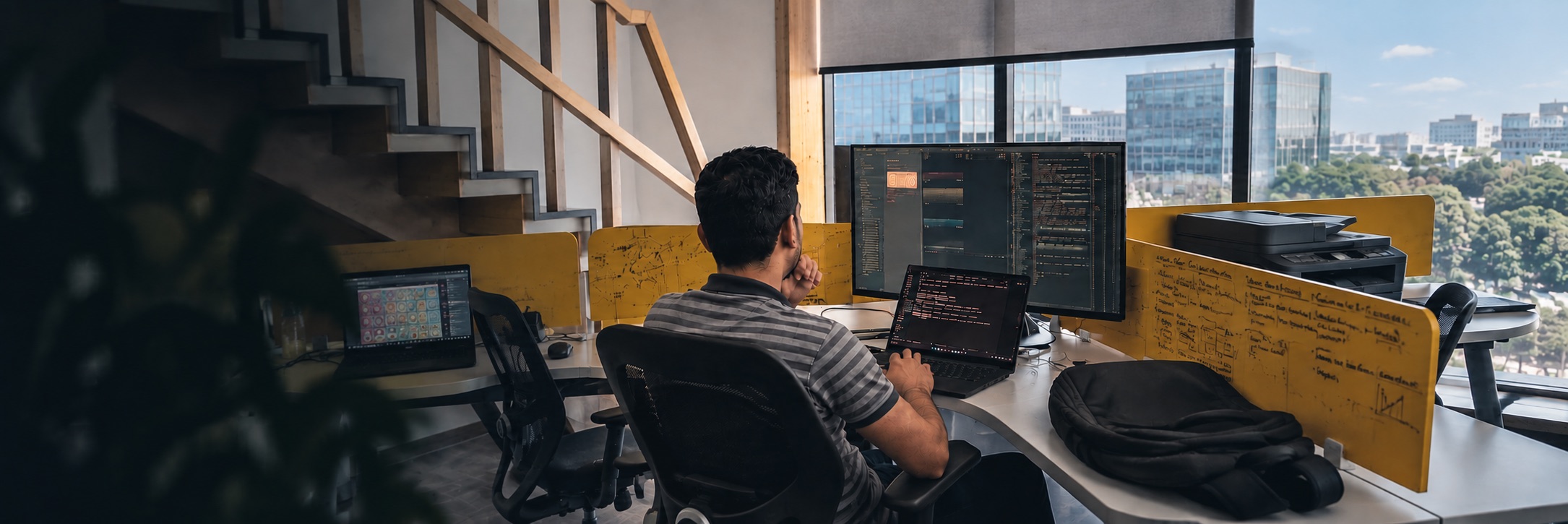 Developer working at a desk with dual monitors and handwritten engineering notes, city view in the background